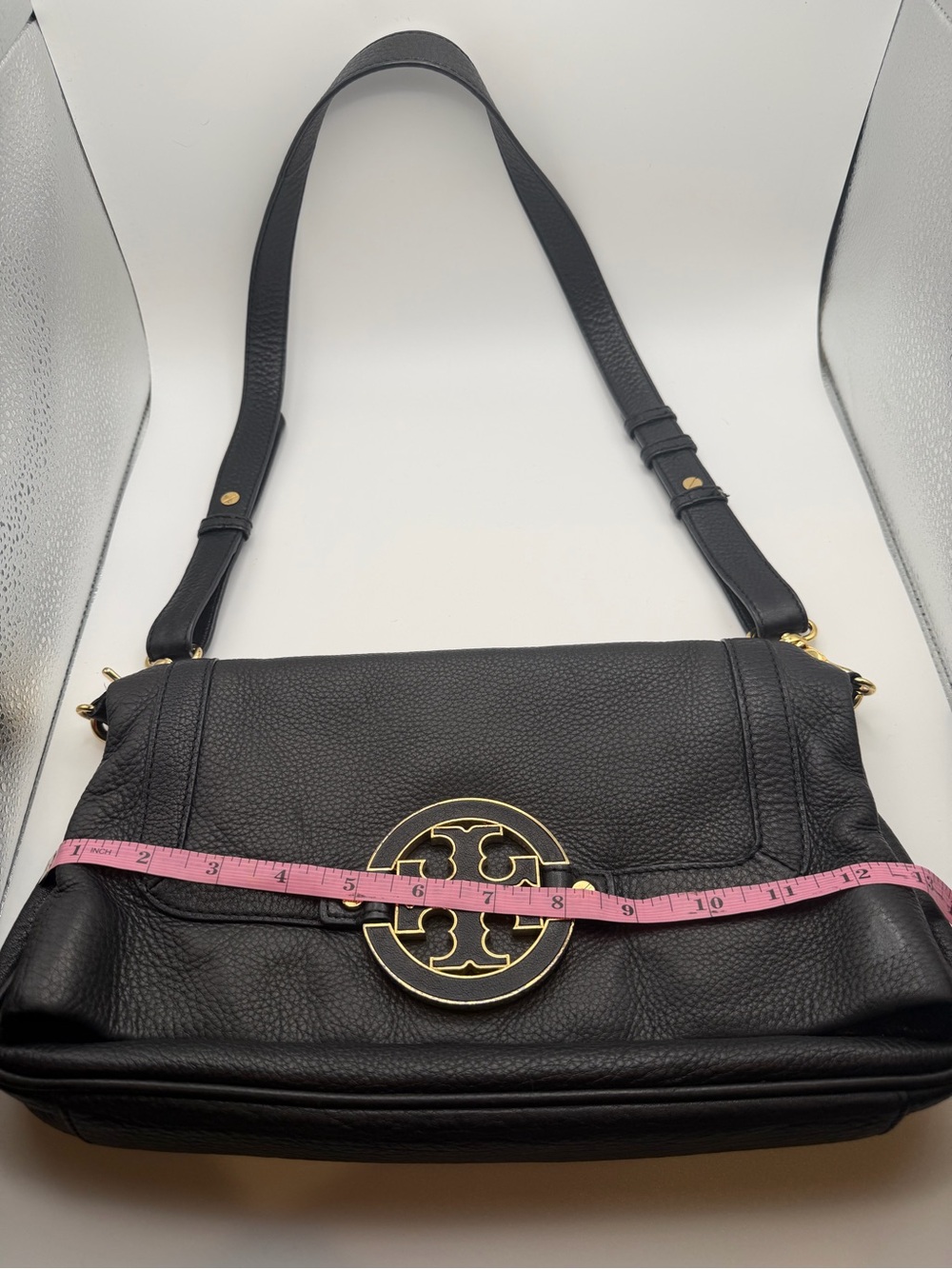 Tory Burch Black Leather Shoulder Bag Gold tone Logo Crossbody Handbag - Picture 13 of 14